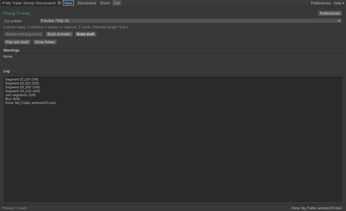 The Cut tab: the ffmpeg line, the Cut preset, the summary, the Render missing shots, Build animatic and Build draft buttons, Play last draft and Show folder, the Warnings list and the Log.