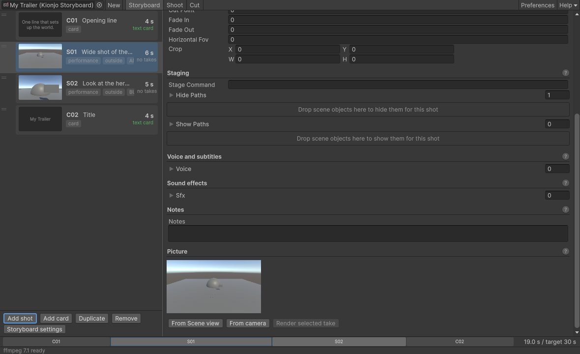 The Picture section of the shot inspector: the thumbnail preview with the From Scene view and From camera buttons and the Render selected take button.