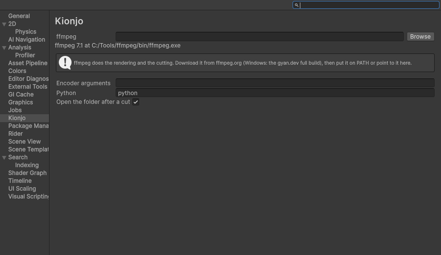 Preferences, Kionjo page: the ffmpeg path field with Browse, the ffmpeg status line, an information box about ffmpeg, Encoder arguments, Python and the Open the folder after a cut toggle.