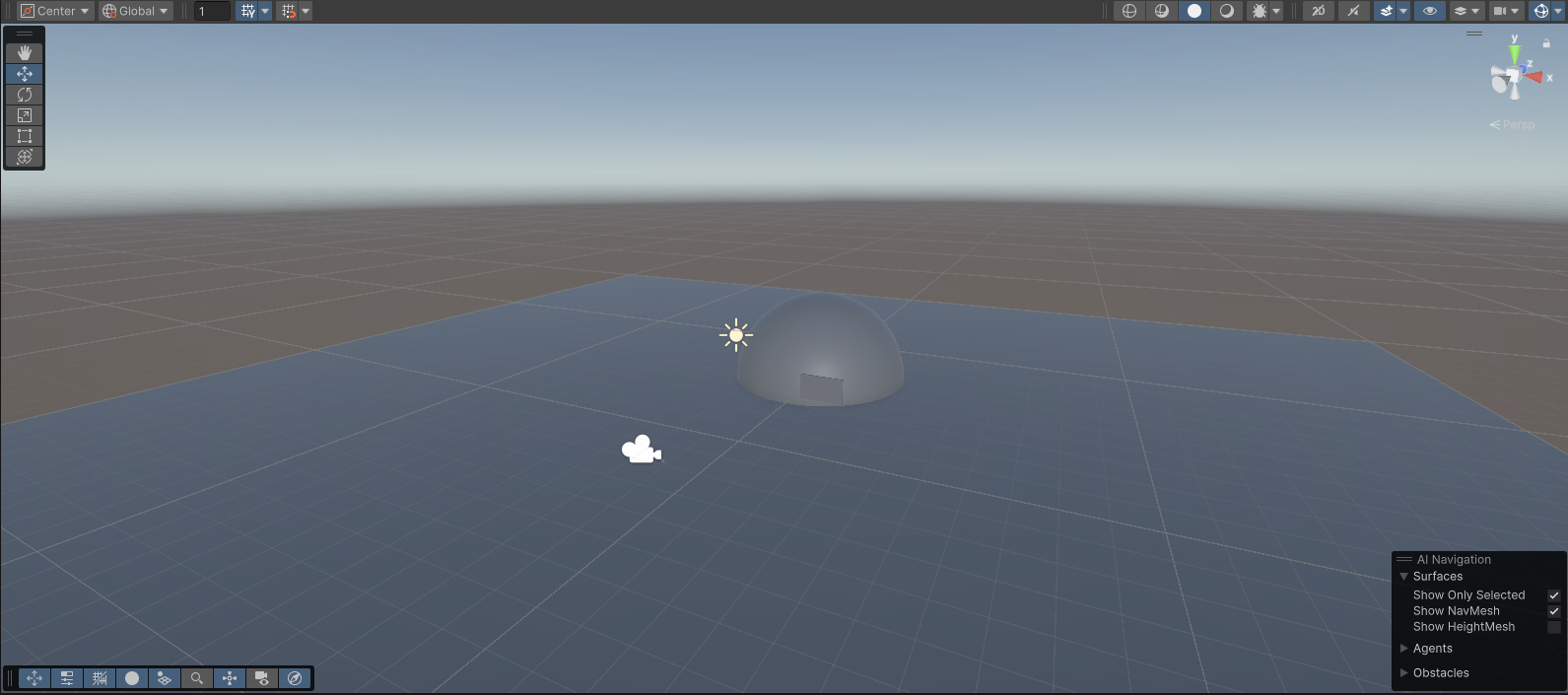 The Quick Start scene in the Scene view: a ground plane, the hero object with the debug panel in front of it, and the camera of the stand in rig.