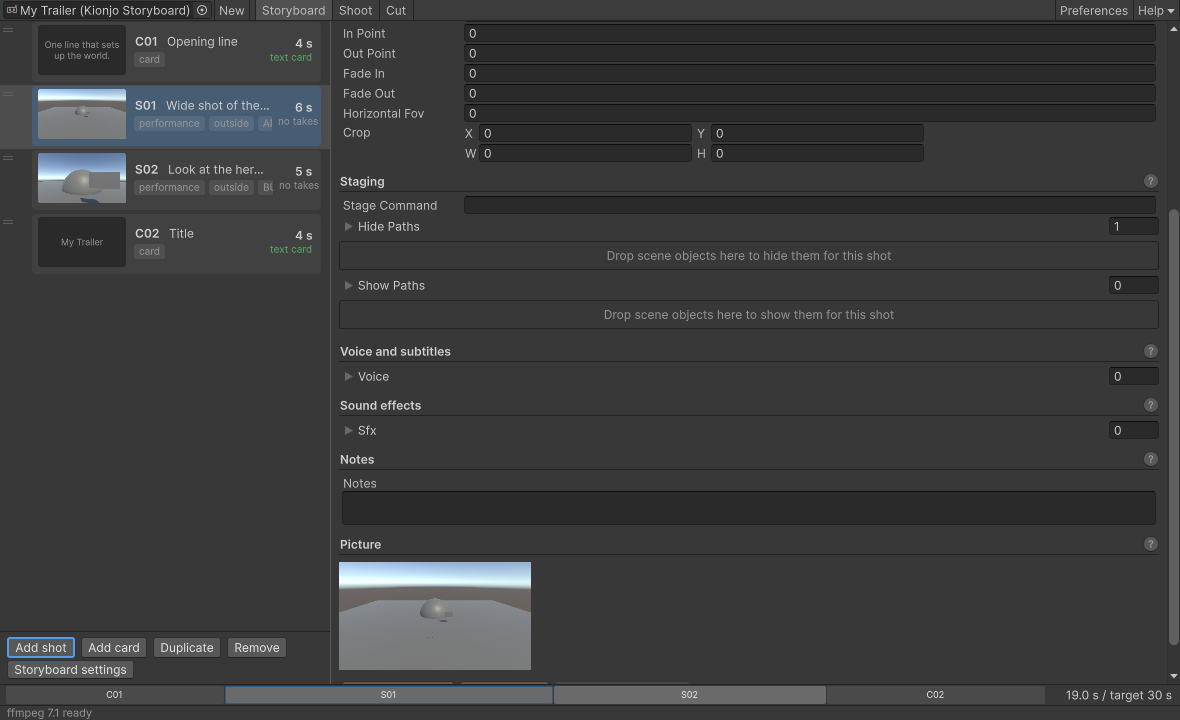 The shot inspector scrolled to its Timing and Staging sections, each heading with a small question mark button on the right.