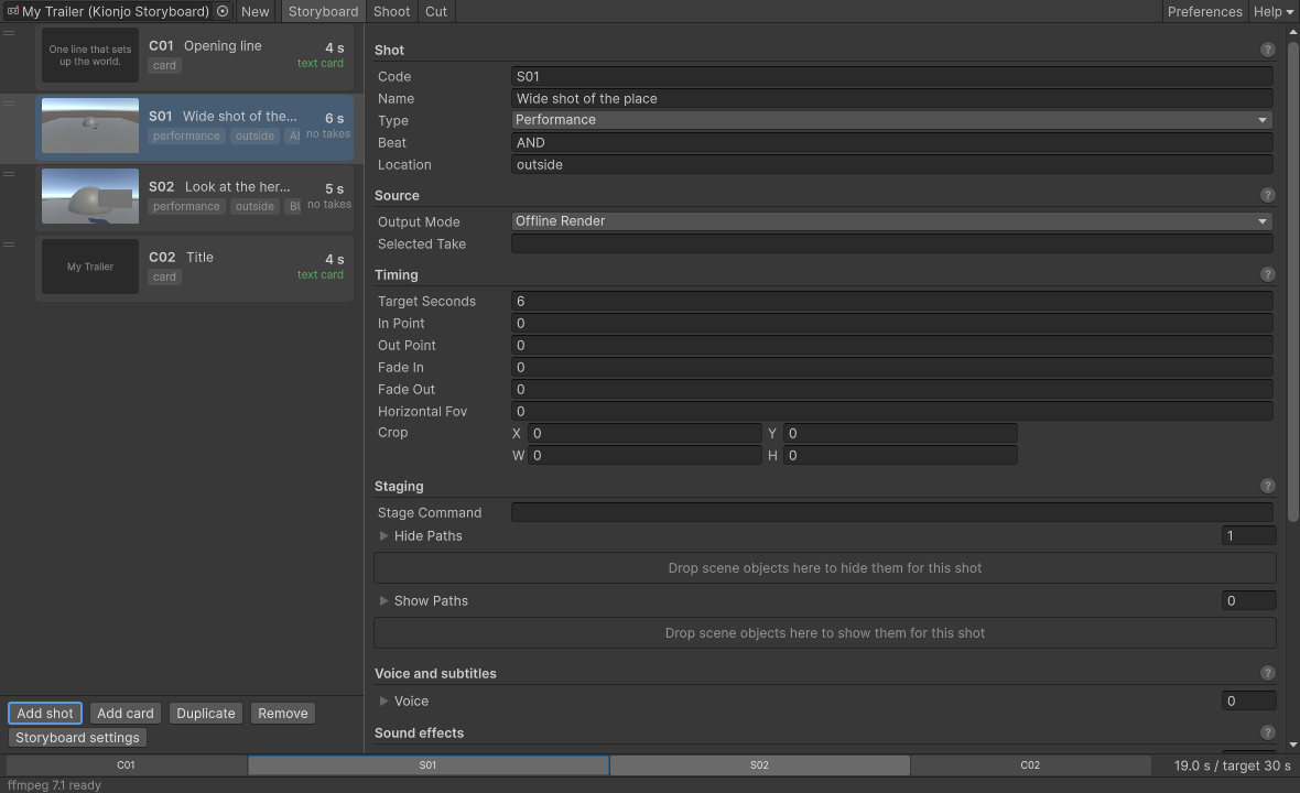 The Storyboard tab: a list of shot cards with thumbnails, codes, names, tags, lengths and state chips on the left, the shot inspector on the right and the timeline bar along the bottom.