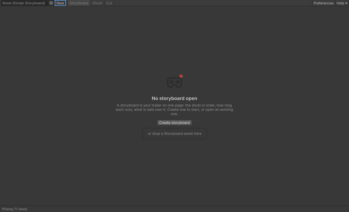 The Kionjo window with no storyboard open: the Kionjo logo, the text No storyboard open, a Create storyboard button and a drop zone for an existing storyboard.